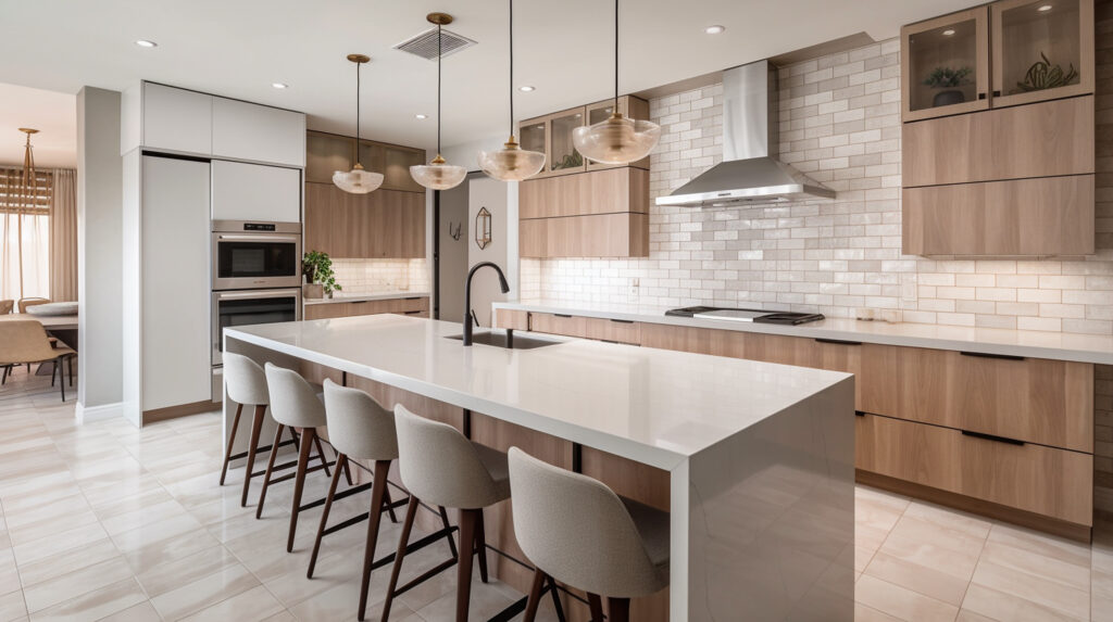 Modern open plan kitchen with island seating and wooden cabinets