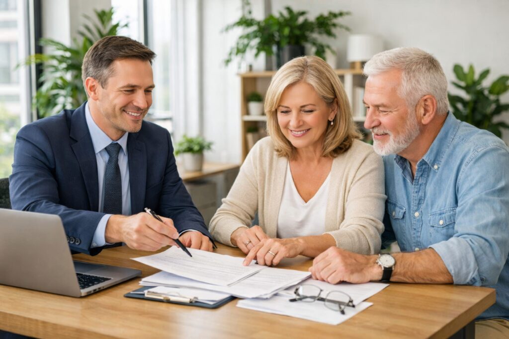 Financial adviser reviewing paperwork with couple during property consultation